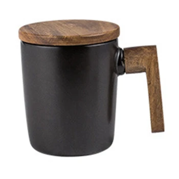 

Gift Mugs Wooden Handle with Cover Coffee Cup Lovers Coffee Mugs Gift Box Set Retro Ceramic Coffee Mug Black