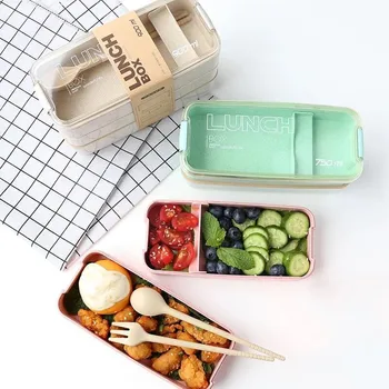 

900ml Portable Healthy Material Lunch Box 3 Layer Wheat Straw Bento Boxes Microwave Dinnerware Food Storage Container Foodbox