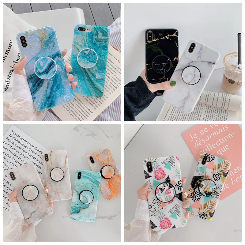 

For iPhone XR X XS Max 7 Plus Case Conch Shell Marble Flower Foldable Kickstand Holder Cover For iPhone 8 6 6s Plus Soft Coque