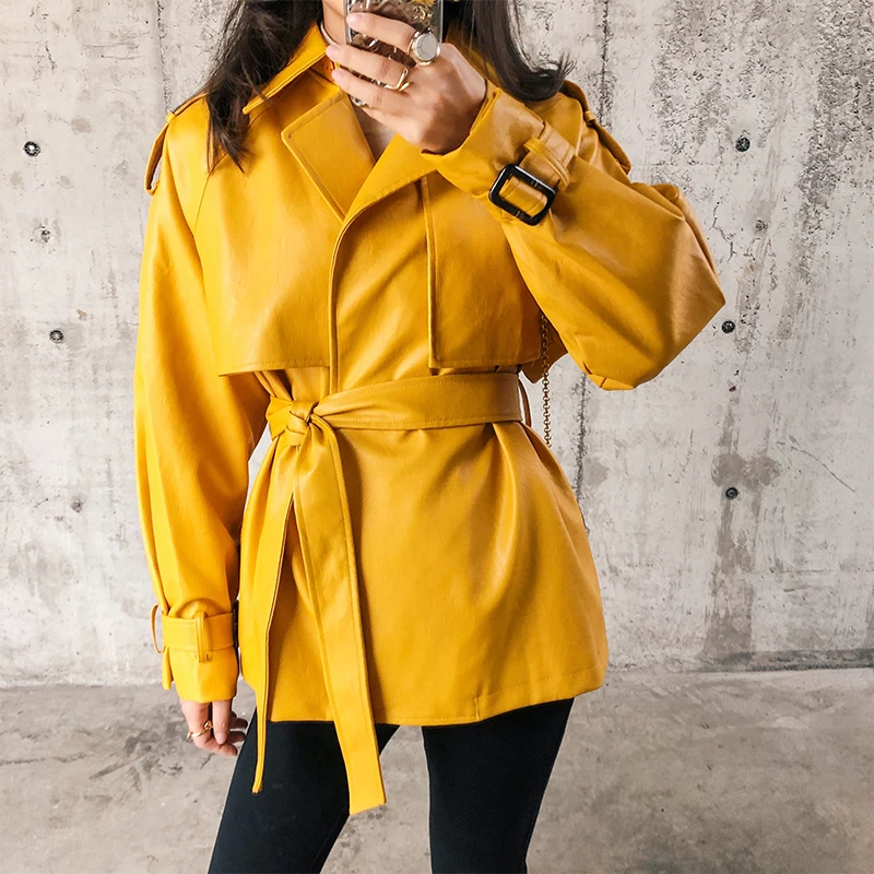 Осенне-зимняя женская куртка из искусственной кожи, пальто с отворотом, длинный рукав, карман, пояс-бандаж, свободная индивидуальная кожаная куртка, Женское пальто - Цвет: yellow