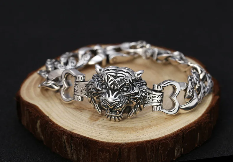 2021 New Heavyweight Real Solid Silver 925 bracelet for Man retro Rock Personality Punk Tiger Man Bracelet Fasion Jewellery