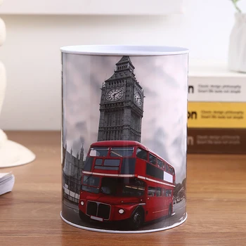 

City Bus Background Cylinder Sealed Piggy Bank Tinplate Money Bank Home Decor Money Boxes Money Saving Toy Kids Gift