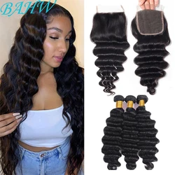 BAHW Hair Loose Deep Wave Bundles with Closure Peruvian Hair Bundles with Closure Remy 100% Human Hair Bundles with Closure 30''