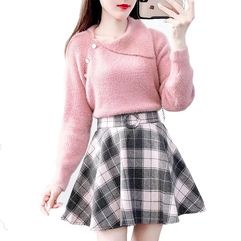 

Autumn Spring Women Pullover Sweater Institute Wind Mink Knit Two-Piece Of Plaid Umbrella Skirt 2 Pcs Clothing Set Outfit