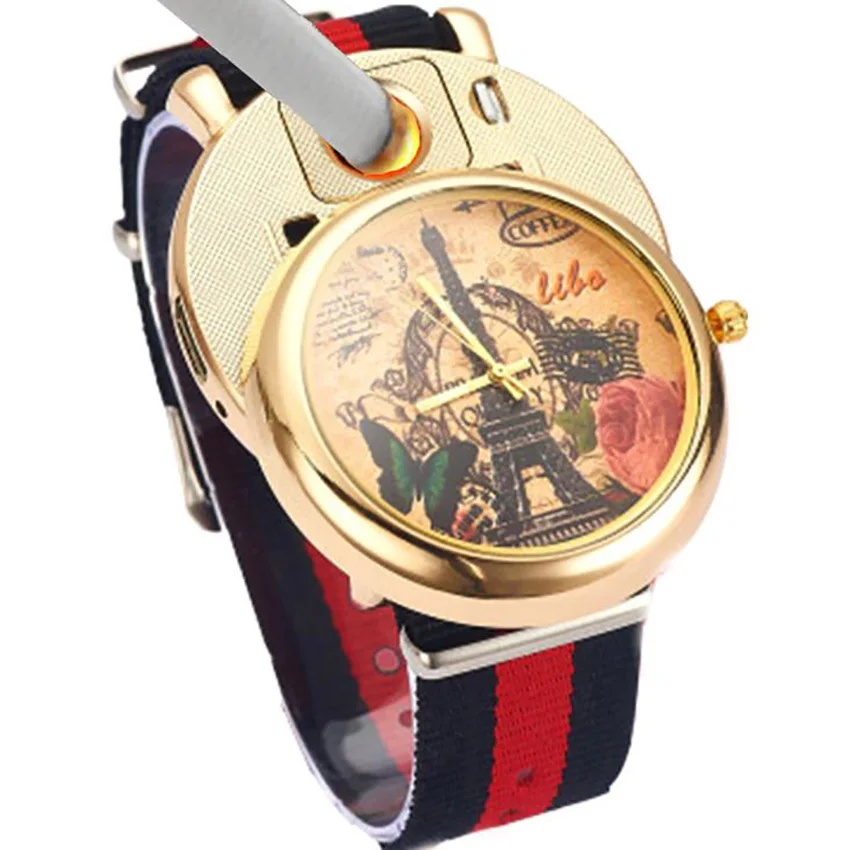 

Men watch Lighter Watches Ultra-thin USB electronic lighter cigarette lighter quartz watch canvas belt watch Cigarette Lighter