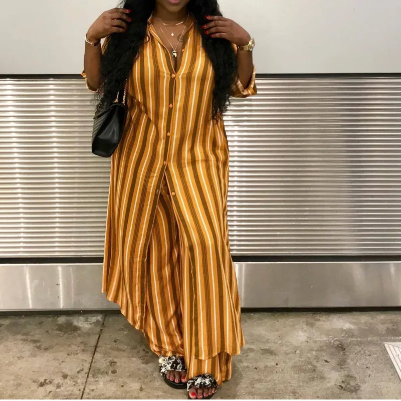 

Women Striped Casual 2 Piece Set Autumn Turn Down Collar Long Sleeve Maxi Blouse And Long Wide Leg Pants Two Piece Matching Set
