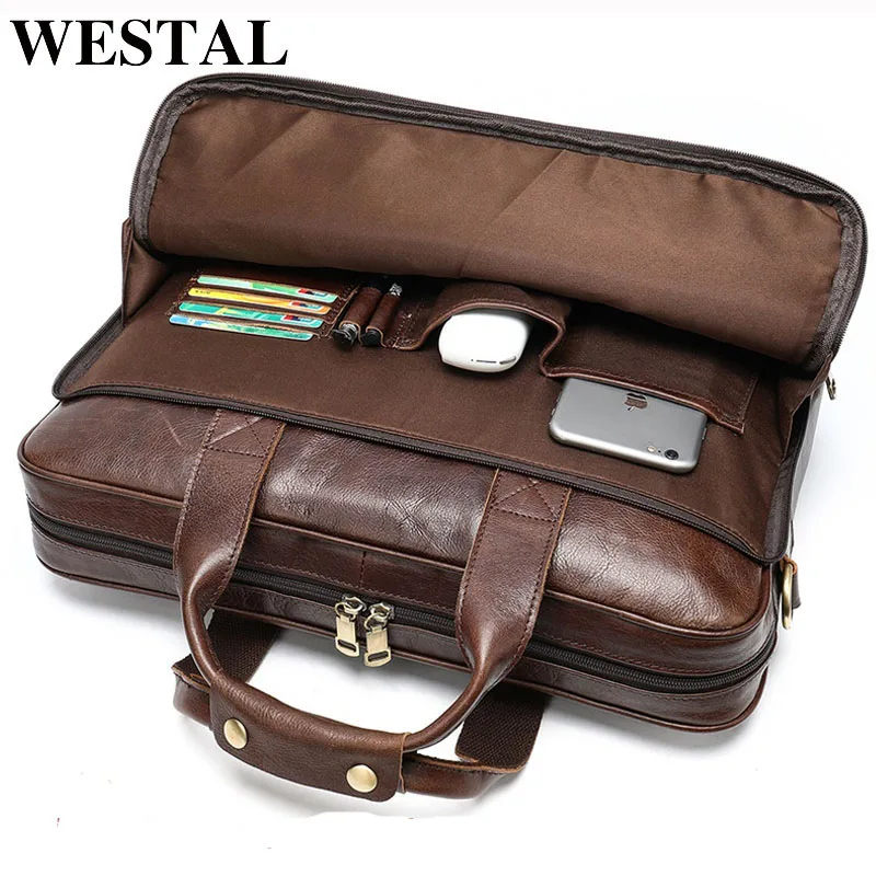 Bag Briefcase Handbag Laptop-Bags Tote WESTAL Male Mens for Genuine-Leather