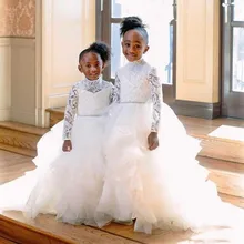 Кружевные платья с длинными рукавами для девочек, держащих букет невесты на свадьбе, с поясом из бисера, с высоким воротником, с оборками, фатиновые праздничные платья