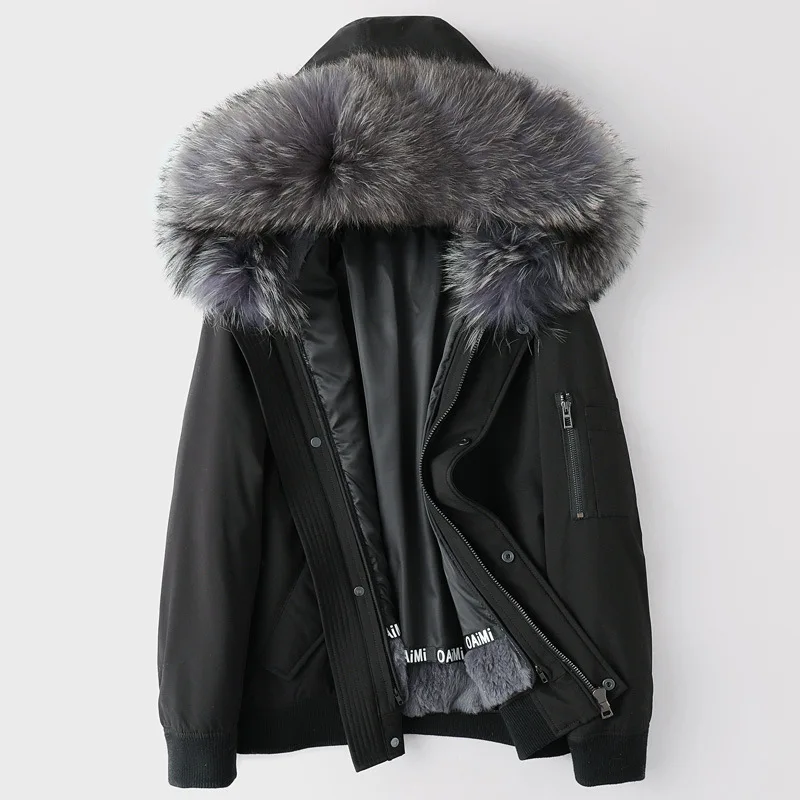 black grey fur Пальто из натурального кроличьего меха для мужчин, куртка из овечьей шерсти, зимние парки с воротником из меха енота, зимняя верхняя одежда, теплая ветровка, 5XL - Цвет: black grey fur