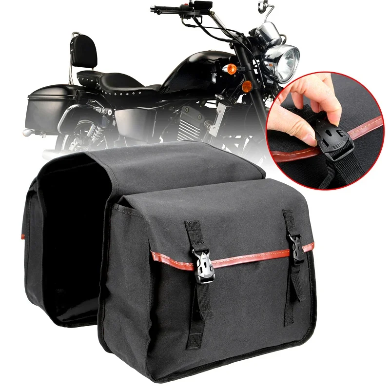 

1 Set Motorcycle Black Canvas SaddleBags Waterproof Side Tool Bag Motorbike Back Seat Luggage Bags for Harley Honda Kawasaki