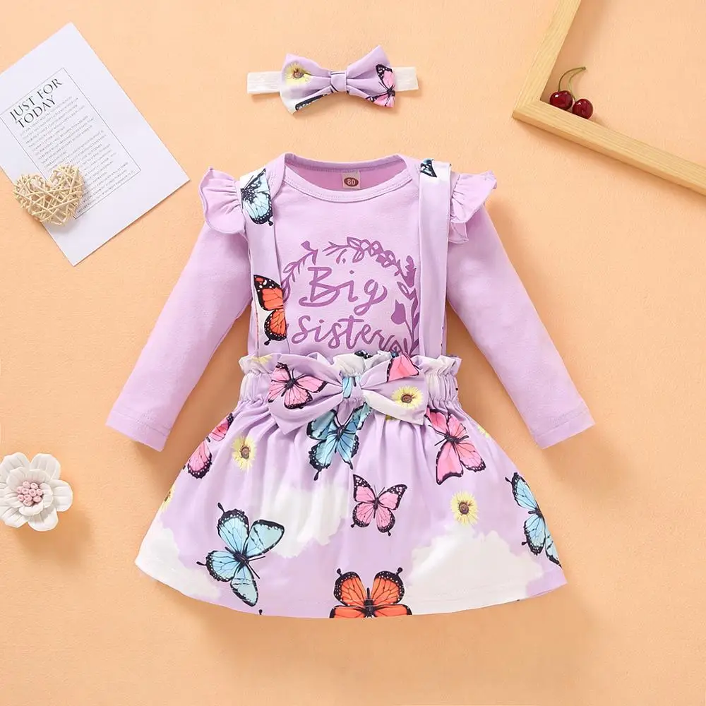 Newborn 3 Month Baby Girl Clothes Fall Light Purple Infant Long Sleeve Romper Floral Print Suspender Skirt | Детская одежда и