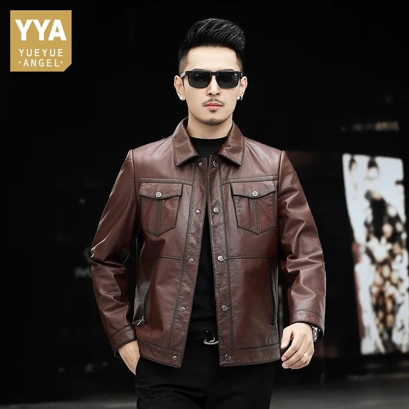 

2022 New Mens Short Slim Turn-Down Collar Biker Jacket Single Breasted Fashion Solid High Street Vintage Casual Outerwear