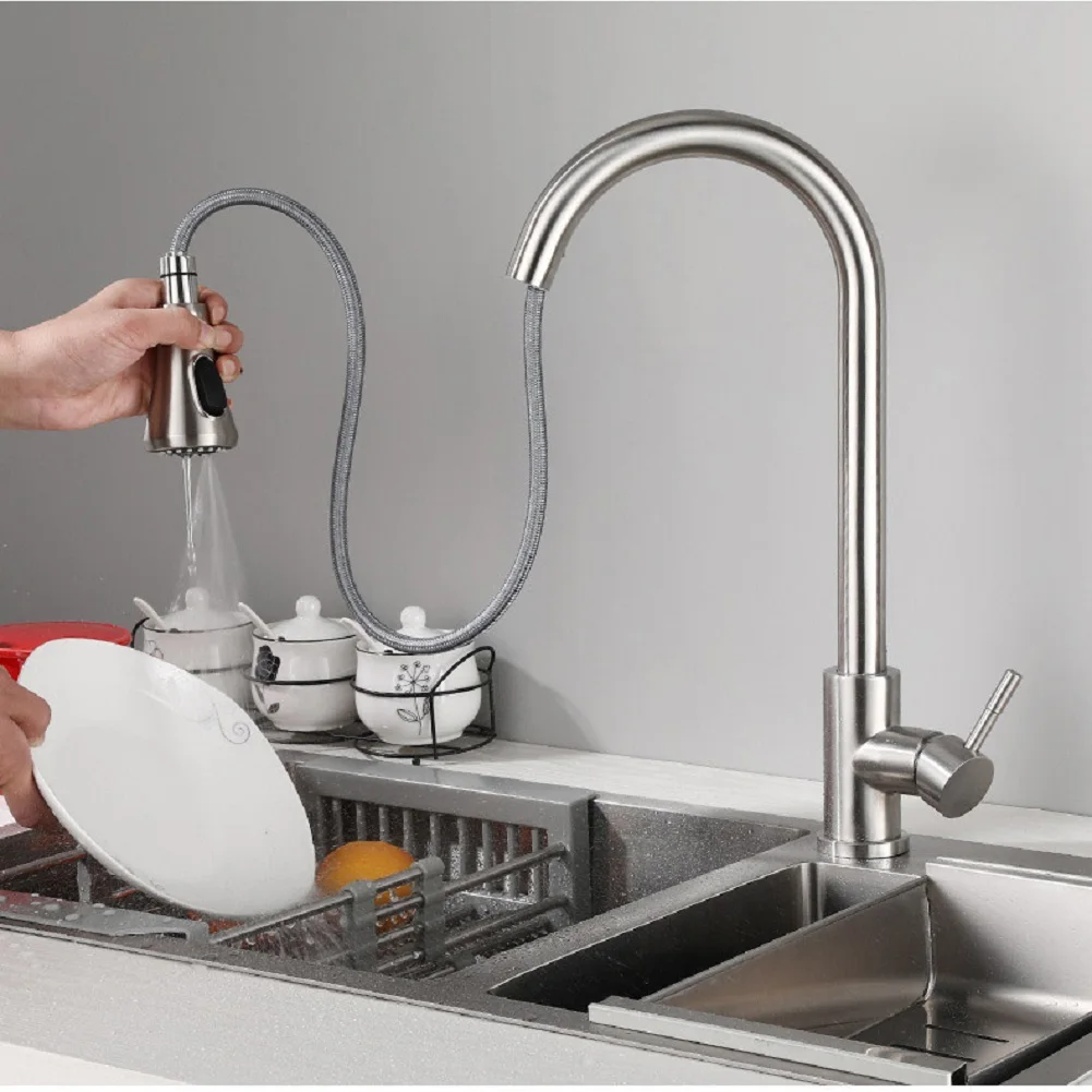 

1x Sink Faucet Stainless Steel Single Handle Pull Out Sprayer Connector Kitchen
