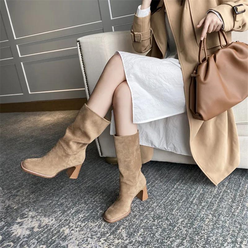 

New Kid Suede Retro Women Boots Autumn Winter Slip-On Mid-Calf Boots for Women Square Toe Square Heel Basic Shoes High(5cm-8cm)