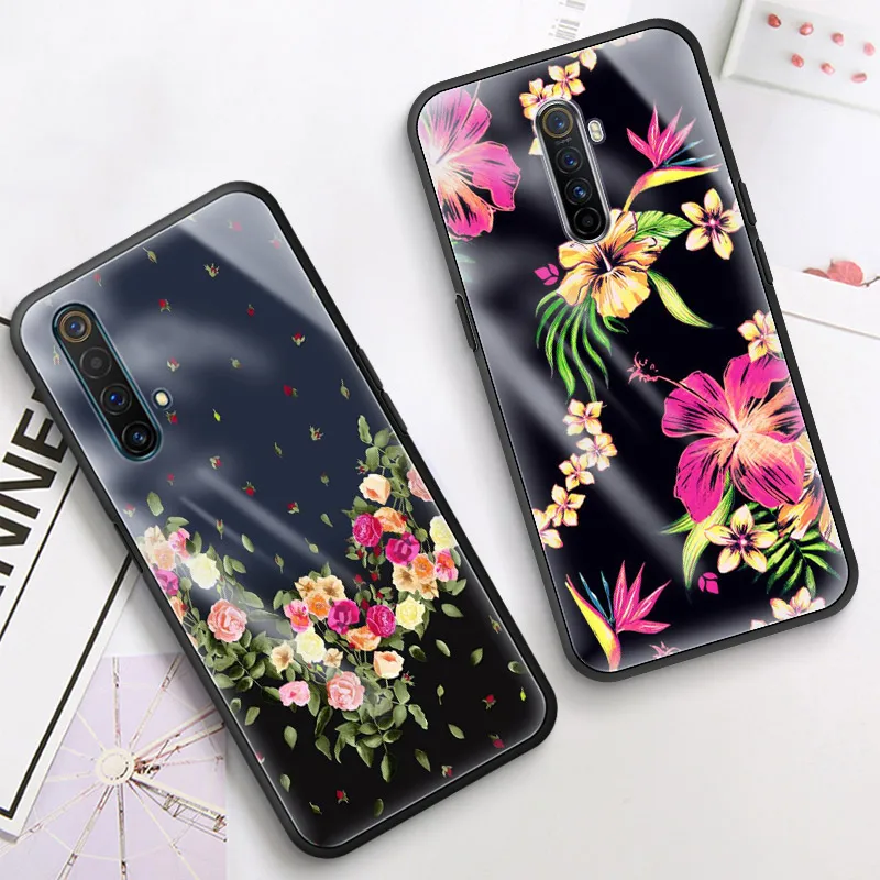 Чехол с цветами и розовыми стеклами для Realme 5 6 Pro XT C3 Oppo A52 A9 2020 Find X2Lite чехлы мягкими