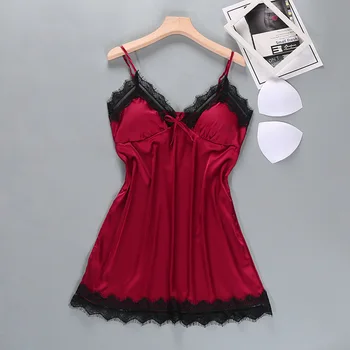 

Lace Lingerie Dress Spaghetti Strap Nightgown V-neck Slik Pink Sleepwear Mini Night Dresspadded Womens Clothing Nightie Plus