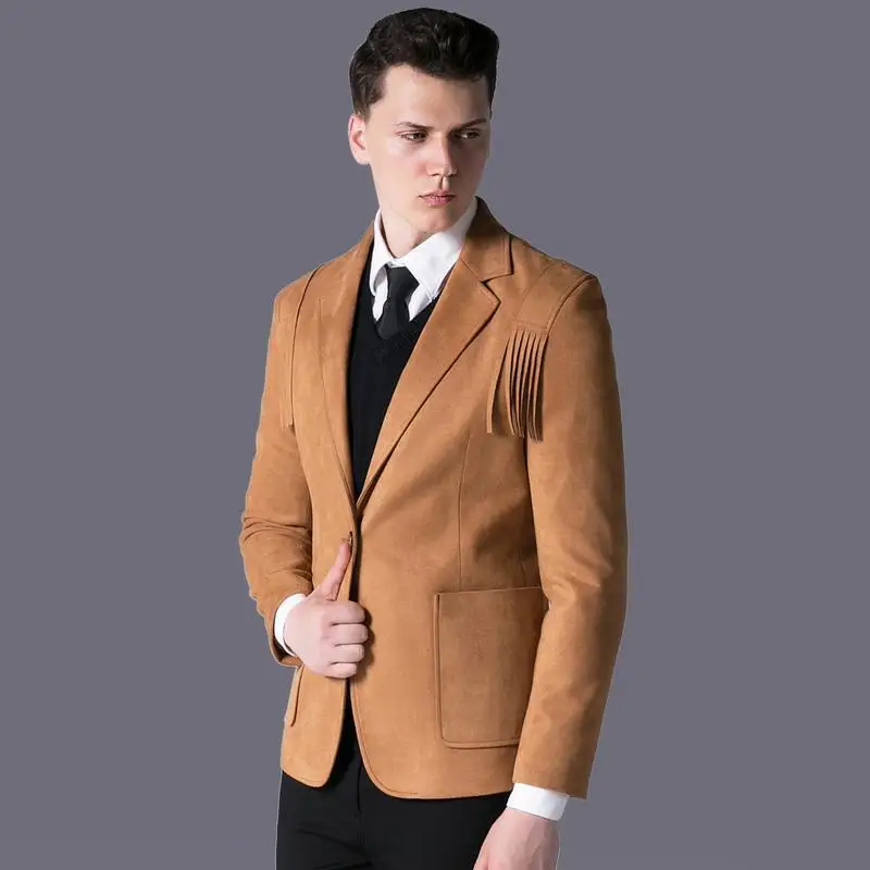 

Suede Mens Luxury One Button Solid Slim Fit Tassel Blazer Men High Quality Europe Vintage Prom Blazers