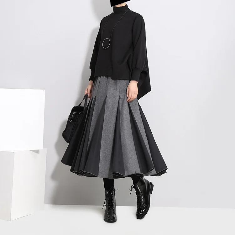 LIVA GIRL New Autumn Winter High Waist Solid Color Black White Split Joint Loose Pleated Half-body Skirt Women Fashion