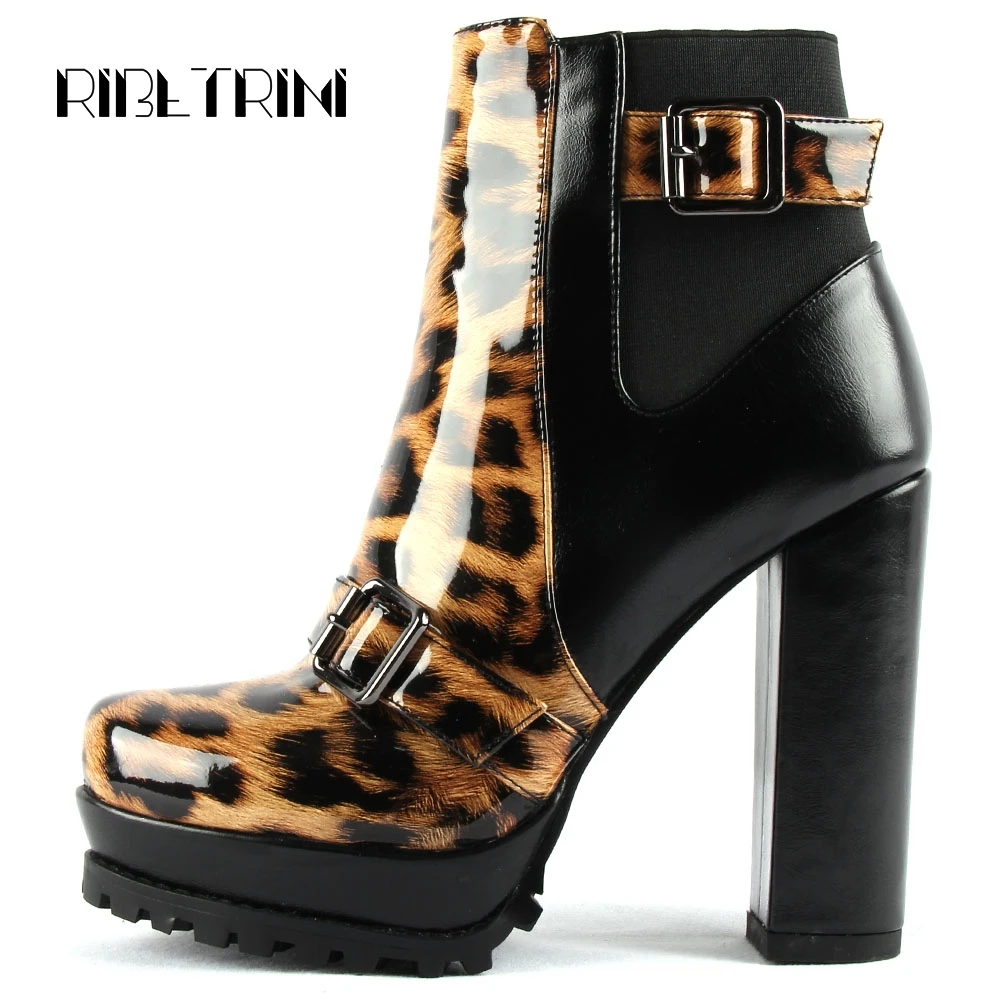 

RIBETRINI Ankle Boots For Women Sexy Leopard Buckle Boots Women Round Toe Chunky High Heeled Zipper Shoes Woman Big Size 36-43