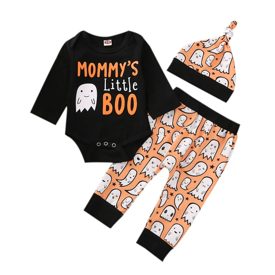 

Infant Newborn Baby Boys Girls Fashion Halloween Set Cloth Letter Print Long Sleeve Romper Top+Cut Ghost Pants+Hat 3Pcs Outfit
