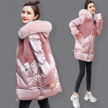 

Winter New Elegant Big Fur Collar Down Jacket In The Long Section of Winter Bright Stitching Lamb Plush Jacket Women Thick Warm