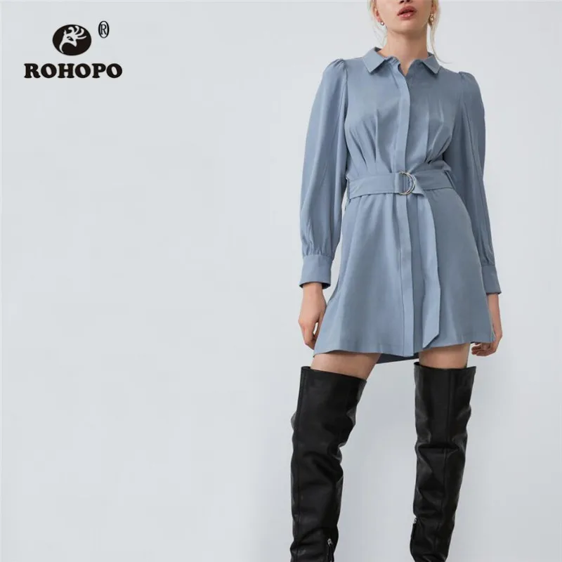 

ROHOPO Lantern Long Sleeve Turn Down Collar Waistband Sky Blue Dress Covered Buttons Fly Tunic Solid Flared Hem Chia Robe #9536