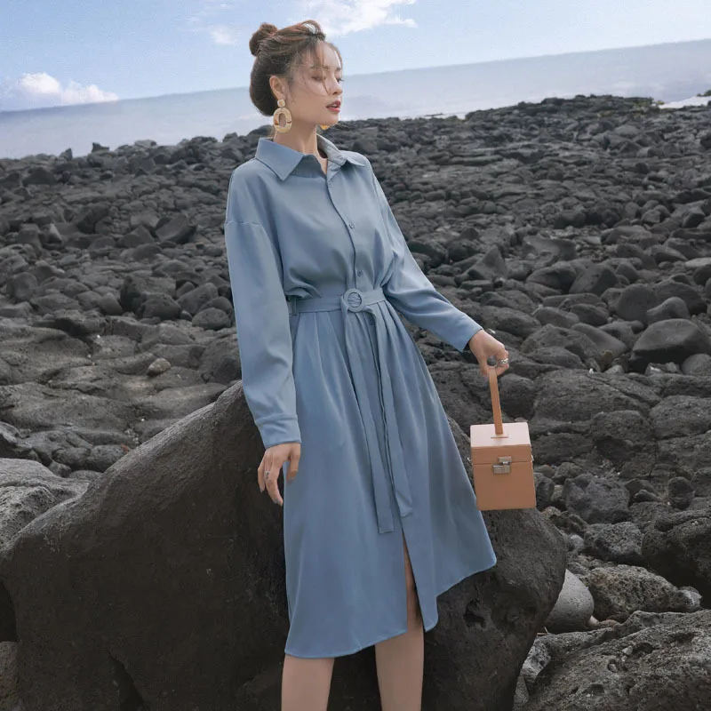 

Photo Shoot Early Autumn New Style Hipster Blue Shirt Dress Women's Mid-length INS Elegant Long-sleeved Shirt Dress Fashion