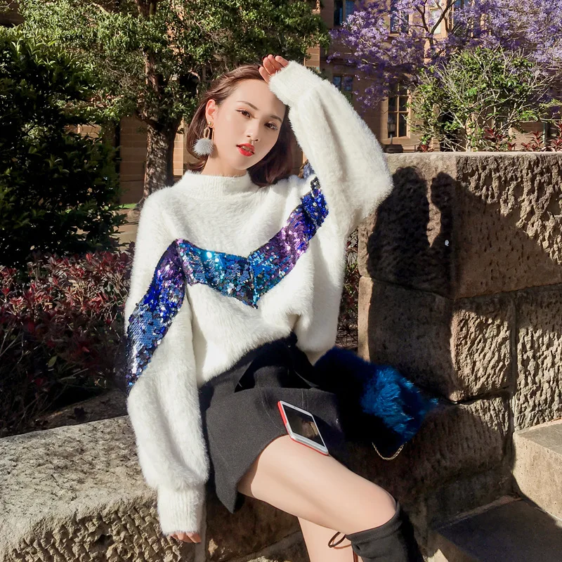 

2019 Autumn and Winter New Hedging White Hair Knit Semi-high Collar Imitation Mink Velvet Loose Lantern Sleeves Rabbit Sweater
