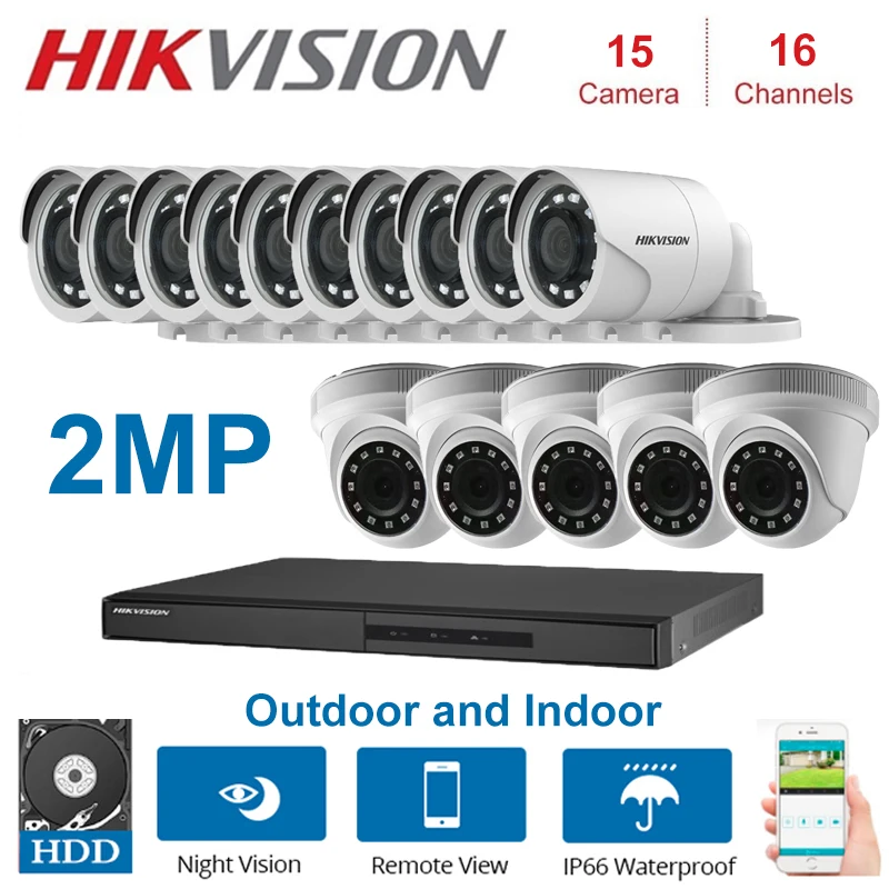 2MP HIKVISION 16-канальный видеорегистратор Гибридный видеонаблюдение Регистраторы с 2MP в маскирующем колпаке для внутренних помещений и Открытый Пуля безопасности комплекты камер