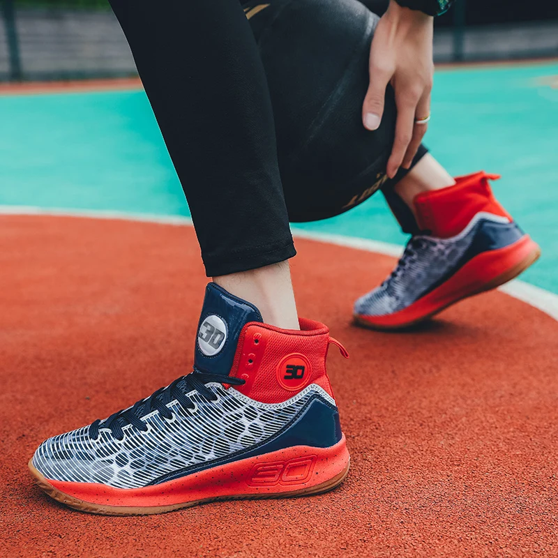 Баскетбольные ботильоны для мужчин; нескользящая резиновая спортивная обувь для мужчин; красные, синие высокие баскетбольные спортивные тренировочные кроссовки