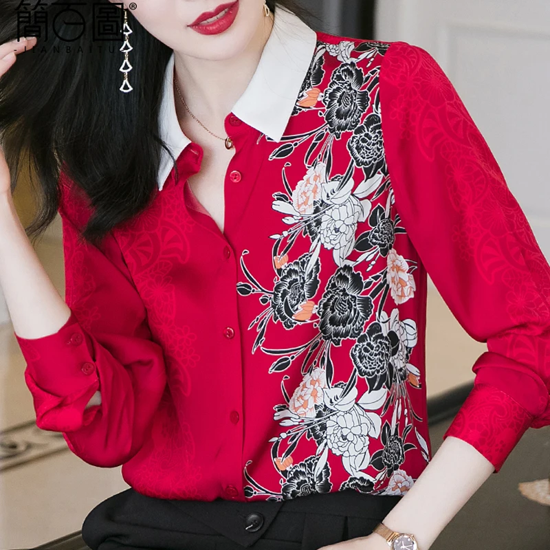 Manga larga estampada roja Blusa gasa camisa las Blusas De Mujer De Moda 2021 Turn Down Collar Oficina Blusa Tops E170 - AliExpress Ropa de