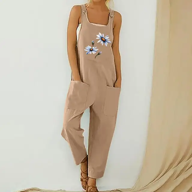 Womens Dungarees Print Rompers 2021 Summer New Ladies Casual Loose Linen Cotton Jumpsuit Sleeveless Pocket Overalls Playsuit 3A1893-Pink