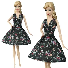 1 комплект, элегантное черное платье без рукавов с цветочным рисунком, юбка с цветочным принтом, повседневная одежда для свиданий, аксессуары для кукольного домика, Одежда для куклы Барби, игрушки