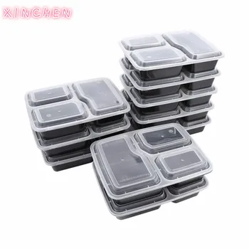 

10 Pcs Plastic Reusable Bento Box Meal Storage Food Prep Lunch Box 3 Compartment Reusable Microwavable Containers Home Lunchbox