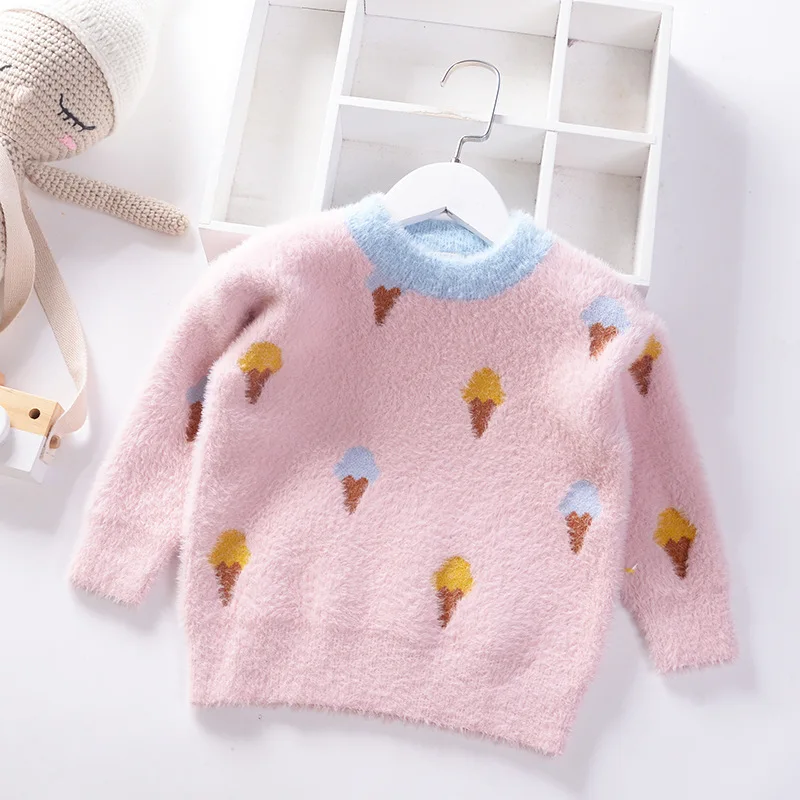 Beste 2019 Herfst Winter Nieuwe kinderen Truien Fluwelen Meisjes Trui Warm Cartoon Watermeloen Flamingo Ijs Kids Cltothing