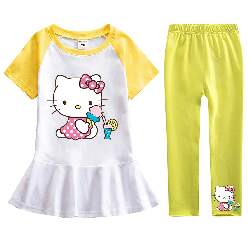 thumbnail image 1 of Ropa para niños de Hello Kitty, vestido de manga corta de algodón, pantalones, traje para niñas, falda de princesa de dibujos animados a la moda + Pantalones de dos piezas, 1 of 5