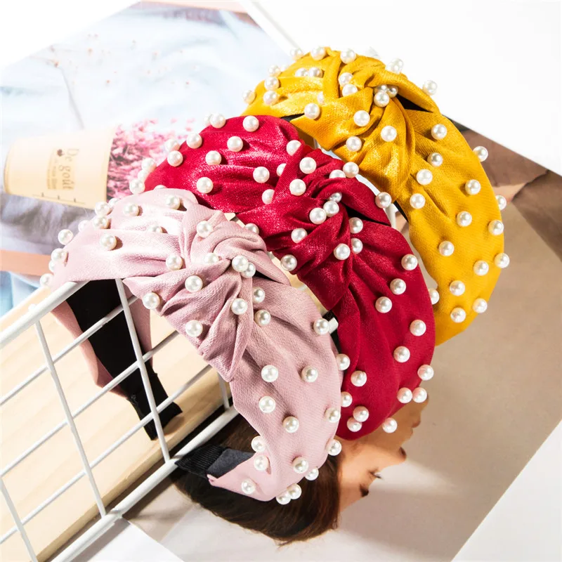 

2019 Fashion Korean Acrylic Fabric Solid Color Knotted Imitation Pearl Embellishment Women's Personality Popular Family Headband