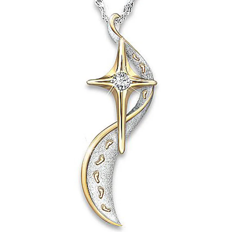

Milangirl Cute Religious Printed Necklace Footprints Cross Pendant Plated Fashion Creative Gold Two-Color Necklace