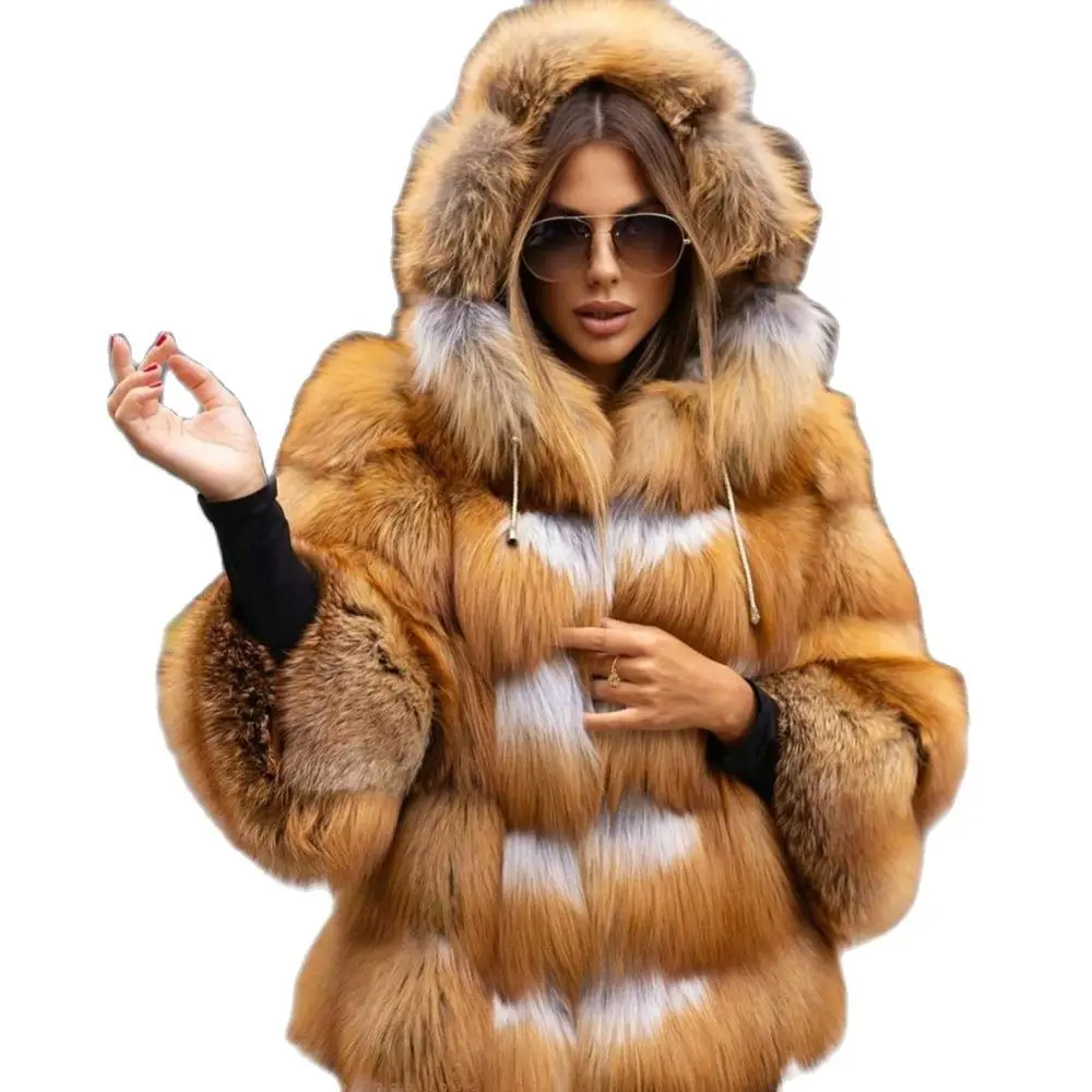 Medium Length Real Red Fox Fur Jacket with Hood Winter Fashion Women Genuine Fox Fur Coat Whole Skin Fur Overcoat Luxury Woman
