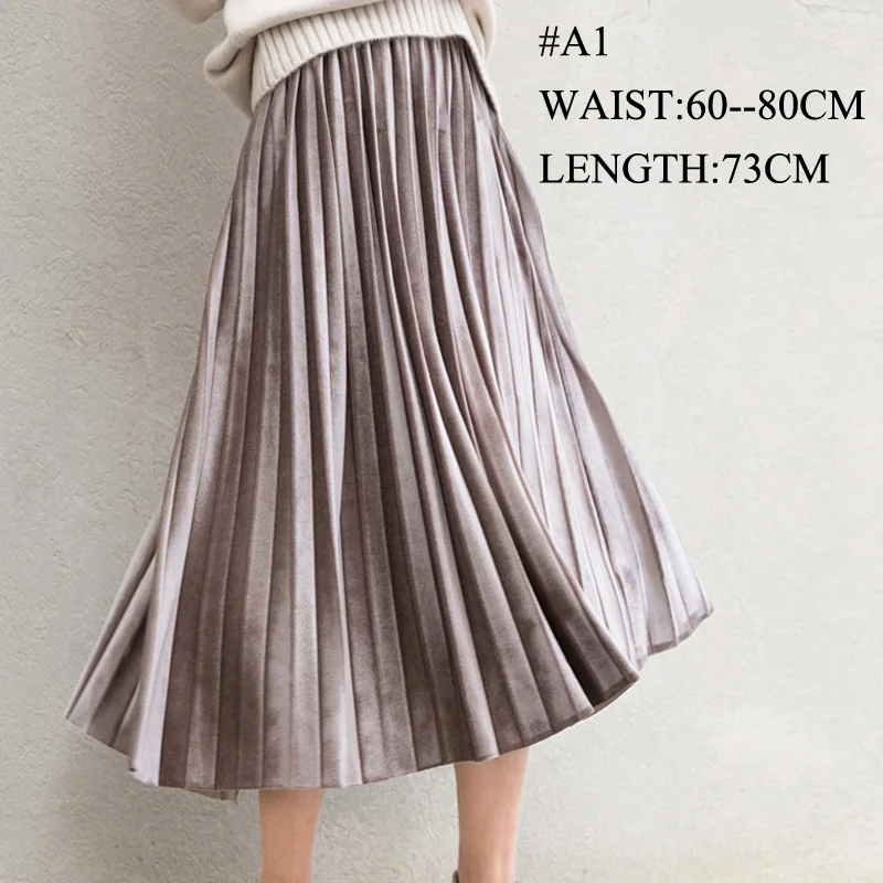 Khaki ( Velvet) Юбки Женские Весна Осень Мода Женская высокая талия плиссированные сплошной цвет эластичная длинная юбка Леди килт большой ярдов черный розовый - Цвет: Khaki ( Velvet)