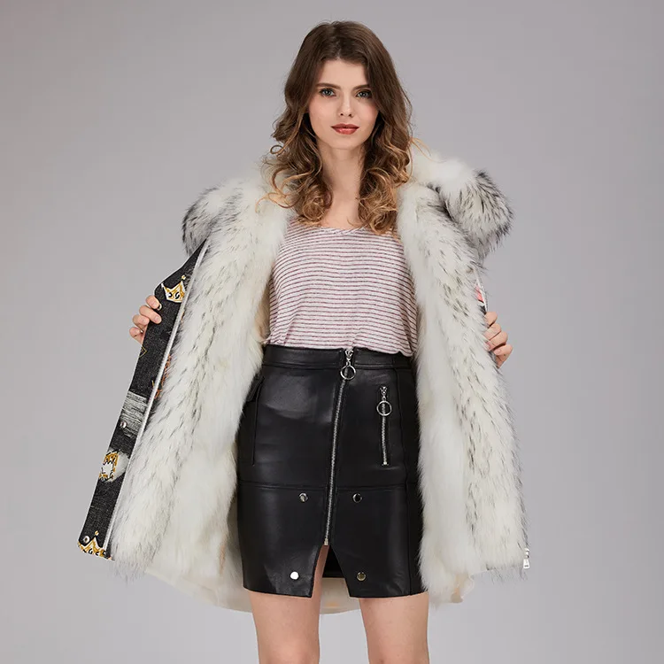 Yiwu Модные 2 цвета зимняя куртка женская енота меховой воротник из лисьего меха куртка-парка Обувь на теплом меху пальто новейший дизайн пальто