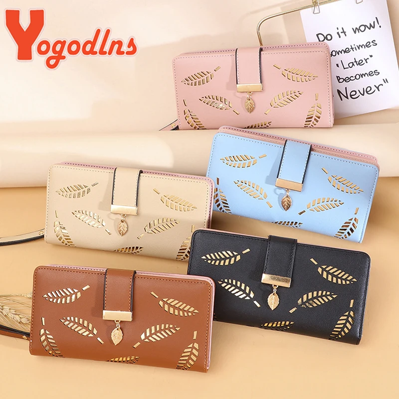 Leaf Hollow Wallet Female PU Leather Handbag Long Zipper Clutch Card Holder Coin Purse Multi-layer Phone Bag