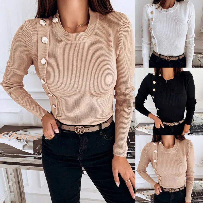 

Brand New Women Casual Knitted Button Jumper Spring Autumn Wear Female Ladies Long Sleeve Pullover Basic T-shirt Slim Tops
