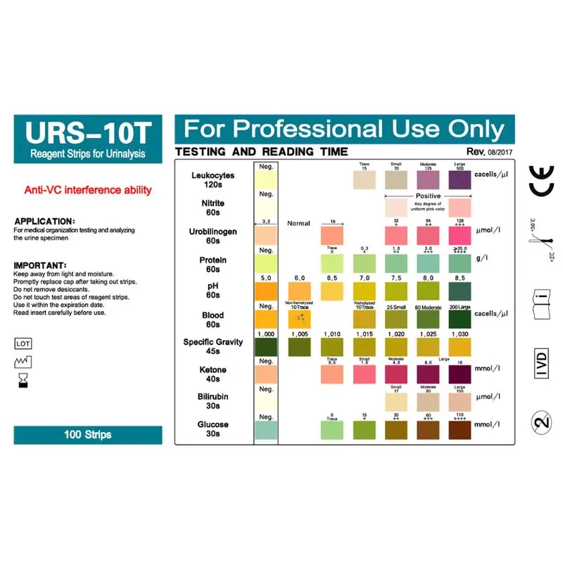 10 bandelettes de test urinaire de paramètre pour l'analyse d'urine (100pc)  dans des poches scellées. Tests pour la cétose, le ph, les protéines, les  infections urinaires, les reins et le foie