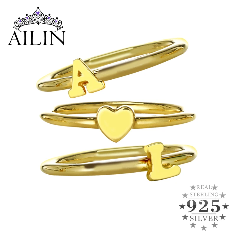 AILIN 3 In 1 Gold Plated Stackable Initial Ring Women 925 Silver Personalized Name Heart Set Female Custom Jewelry | Украшения и