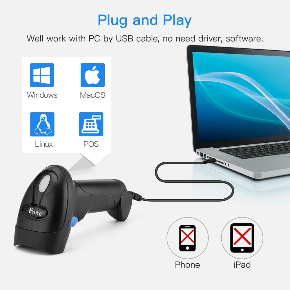 Сканер штрих кодов Eyoyo 1D QR 2D Ручной Проводной USB сканер CCD PDF417 Data Matrix