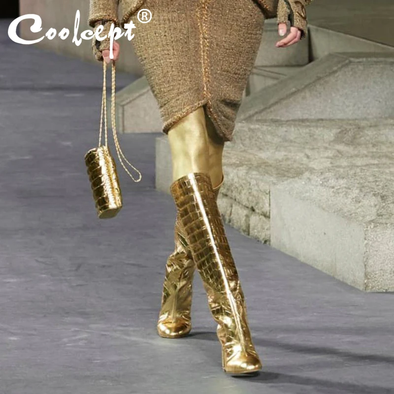 

Coolcept Plus Size 33-48 Women Knee High Boots Fashion Crocodile Pattern Fall Winter Long Boots Women Strange High Heel Shoes