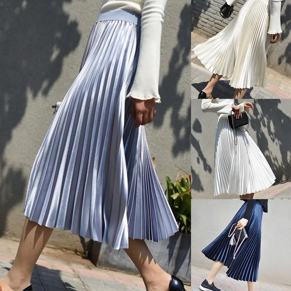 Винтажная длинная юбка женская s цвета металлик Женская высокая талия эластичная лента Макс Плиссированная Юбка-миди Повседневные Вечерние юбки