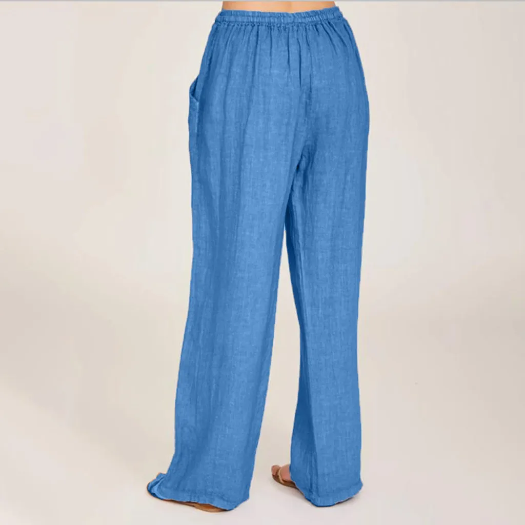 Summer Fashion Pants Plus Size 3xl Women Casual Solid Cotton Linen Pockets Loose Drawstring Elastic Waist Long Wide Leg Trousers