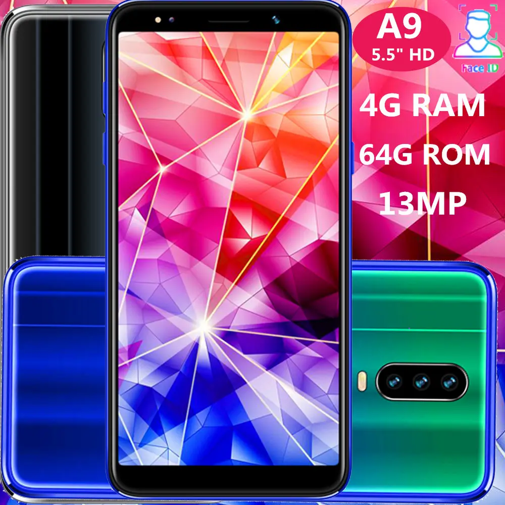 A9 смартфоны Лицо ID разблокирована 6," 18:9 4 грамма 64G rom 5MP+ 13MP передняя/задняя камера четырехъядерный смартфон на Android Мобильные телефоны WCDMA